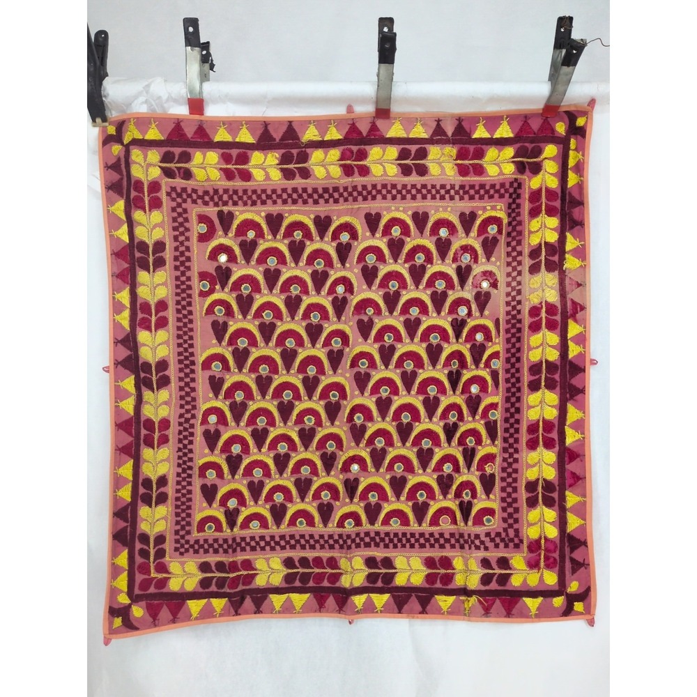 VTG Mirror Work Wall Hanging Embroidered Pink Red Hearts Tapestry India 32"x34"